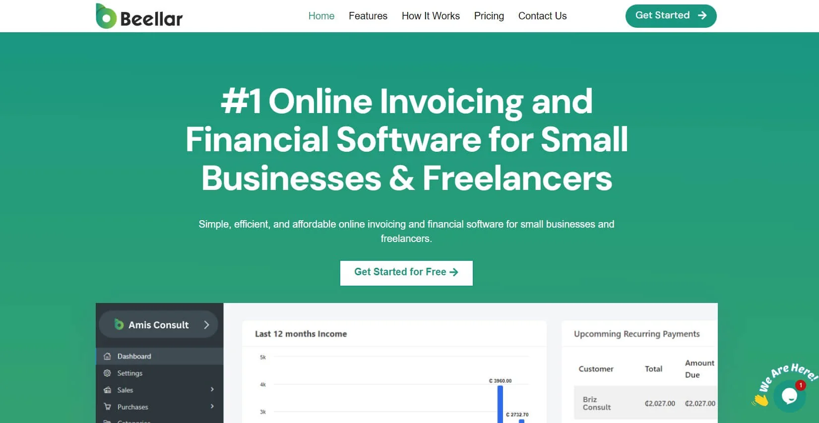 Beellar homepage with its invoicing and financial dashboard