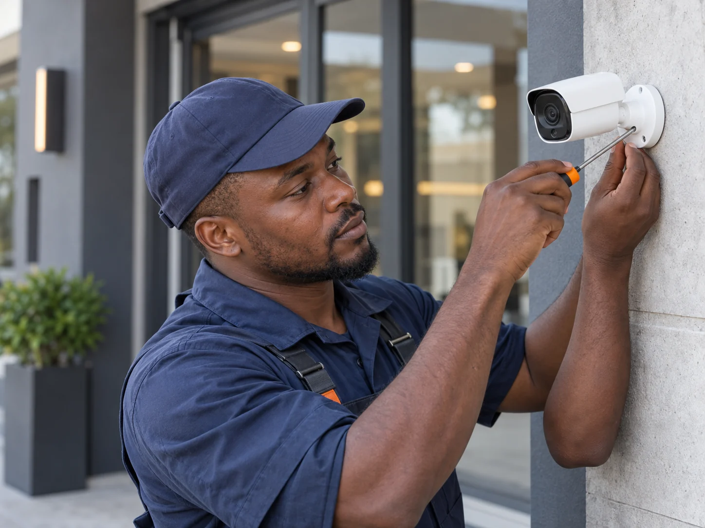 Illustrative technician fitting a CCTV camera at a commercial entrance